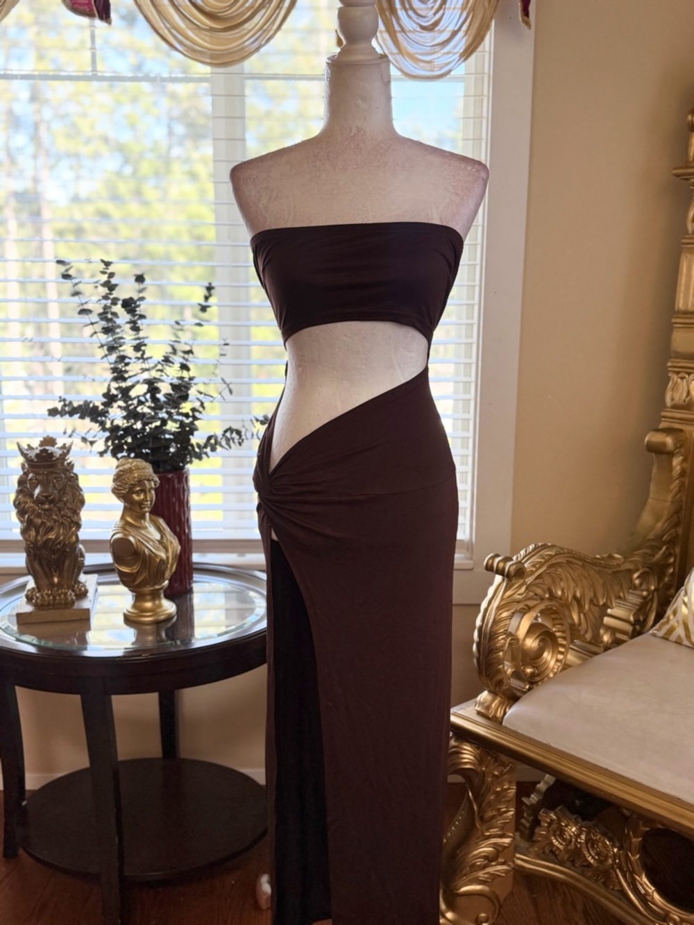 Women’s Strapless Cutout Maxi Dress in Dark Brown